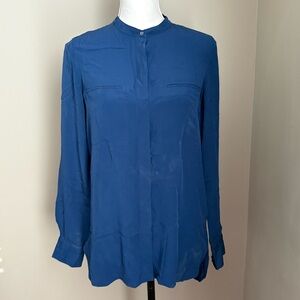 Vince Silk Top Silk Button Blouse Long Sleeve Womens 4 Navy Blue Mandarin Collar